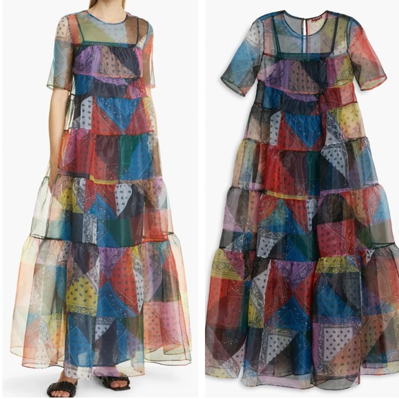 RARE NWT STAUD Hyacinth Maxi Dress - Patchwork Bandana Rainbow Colorful Block - Picture 5 of 10